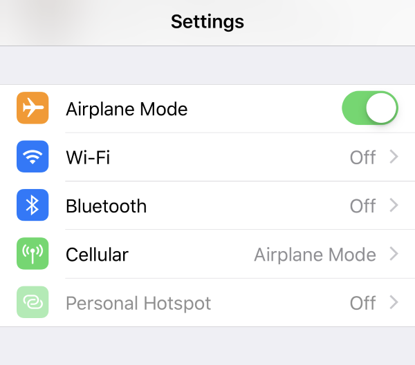 Airplane Mode turned on in iOS settings.
