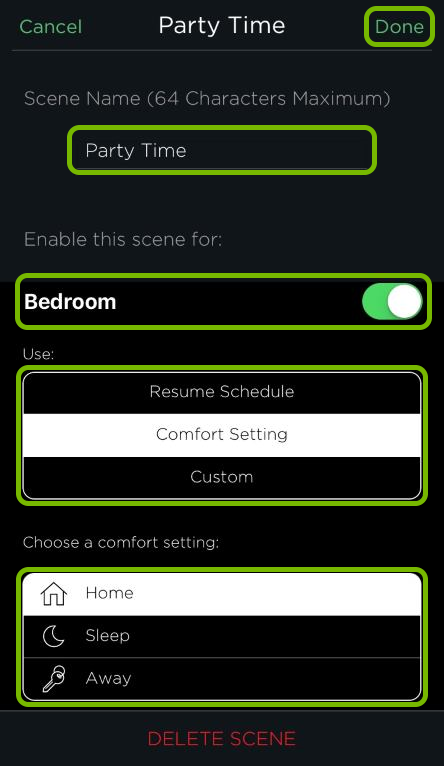 Custom HomeKit scene creation screen in ecobee app.