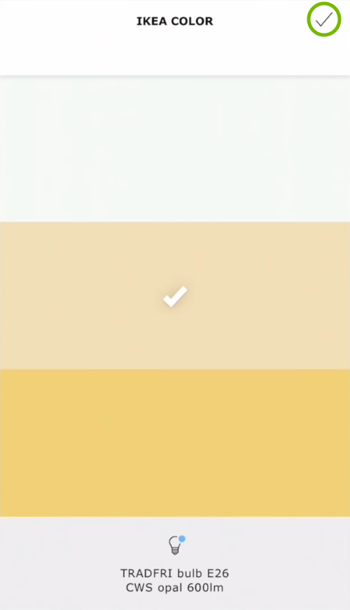Checkmark highlighted on color selection screen in Ikea Tradfri app.