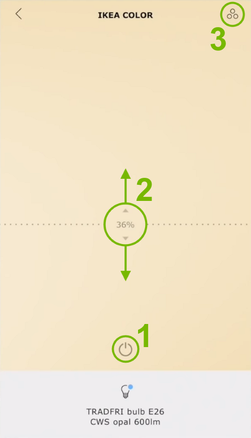 Light control options highlighted in Ikea Tradfri app.