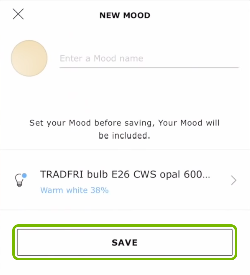 Save option highlighted on mood creation screen in Ikea Tradfri app.