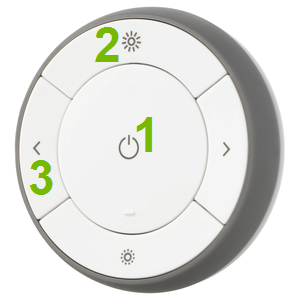 Buttons annotated on IKEA Tradfri remote control.