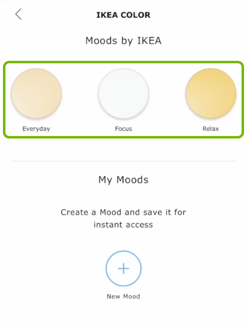 Predefined moods highlighted in Ikea Tradfri app.