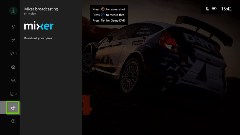 Xbox menu with broadcast icon