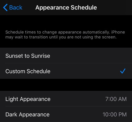 Dark mode Appearance Schedule screen in iOS settings.