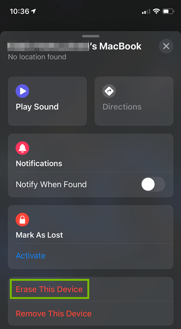 Selecting erase this device