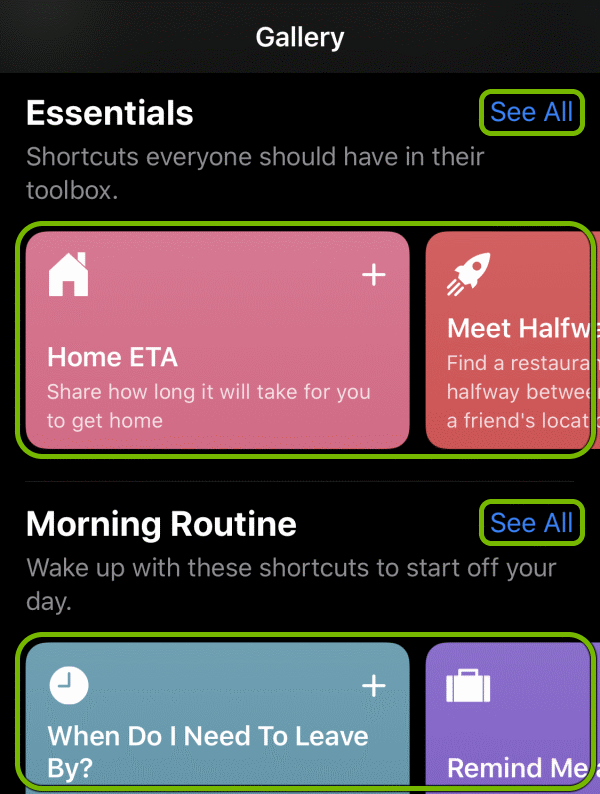 Shortcut tiles and See All option highlighted in Shortcuts Gallery on iOS.