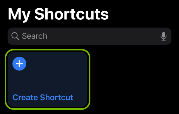 Create Shortcut option highlighted in Shortcuts app on iOS.