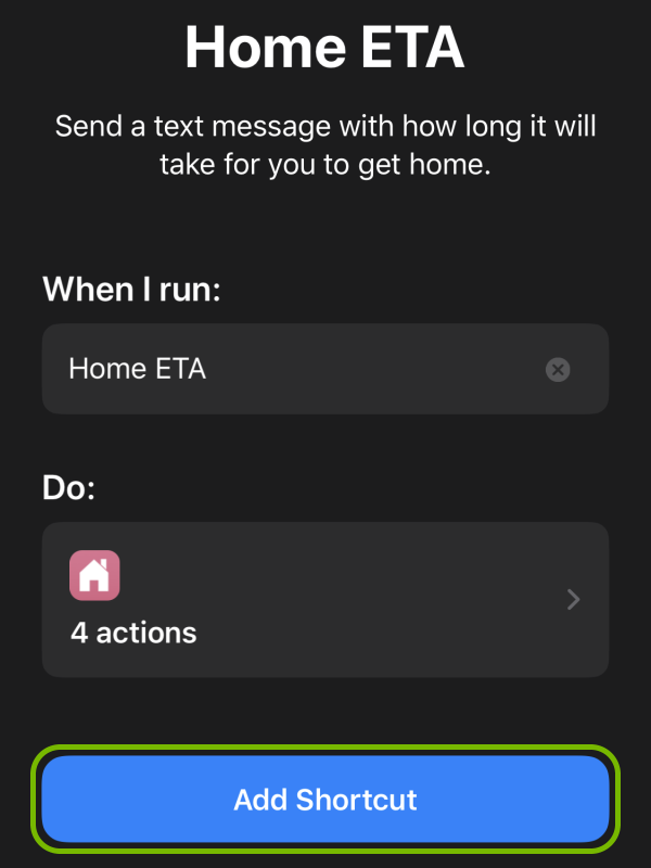 Add Shortcut highlighted on Shortcut creation screen in iOS.