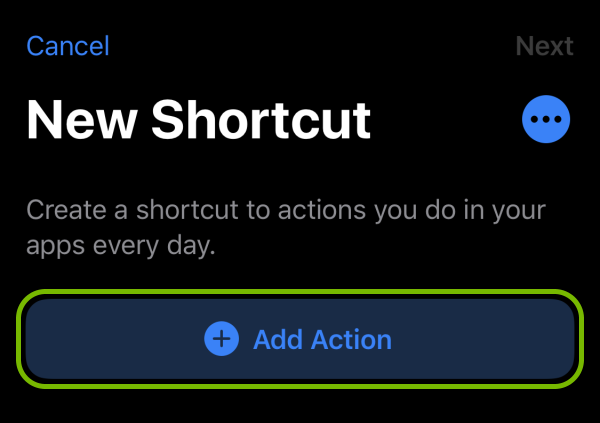 Add Action button highlighted in Shortcut creation screen on iOS.