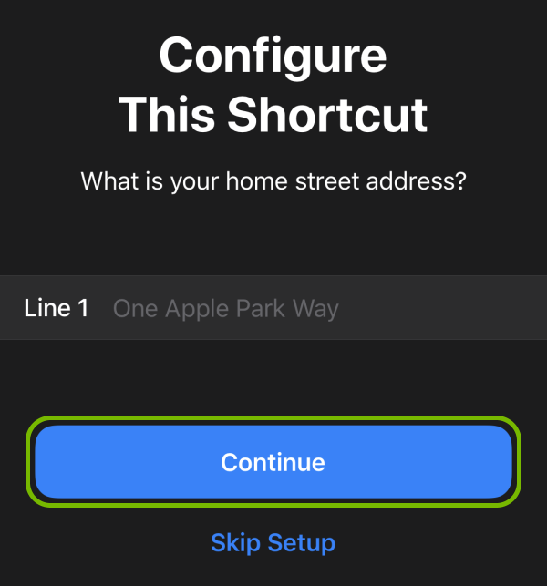 Continue button highlighted on Shortcut configuration screen in iOS.