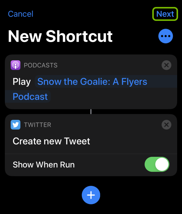 Next option highlighted in Shortcut creation screen on iOS.