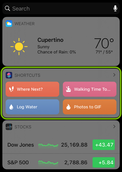 Shortcuts Widget highlighted on Today View of iOS.