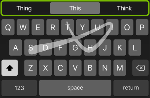 Word prediction bar highlighted on iOS keyboard.