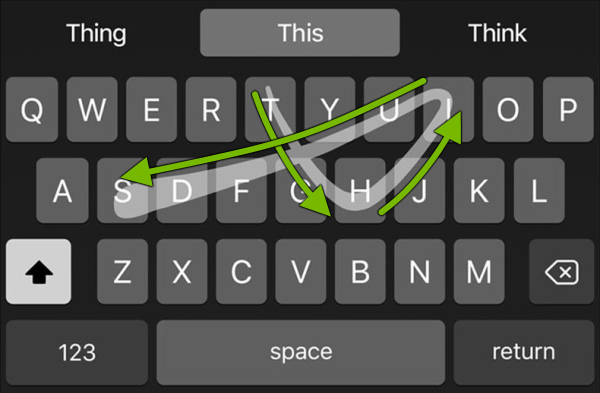 Arrows showing finger movement on iPhone keyboard with QuickPath.
