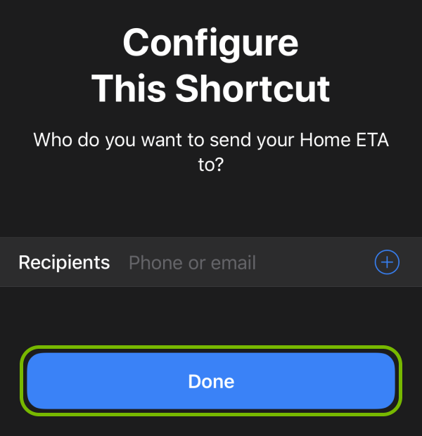Done button highlighted on Shortcut configuration screen in iOS.
