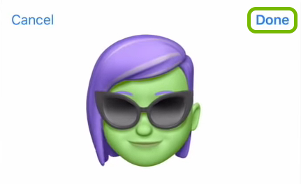 Done option highlighted on Memoji customization screen on iOS.