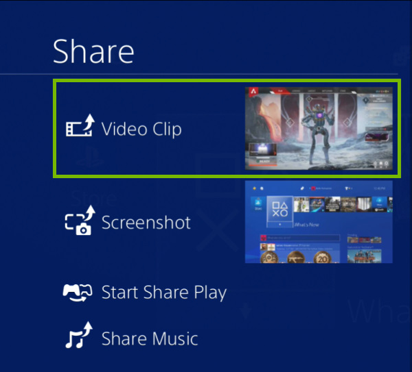 Video Clip option highlighted under Share option on PlayStation 4.