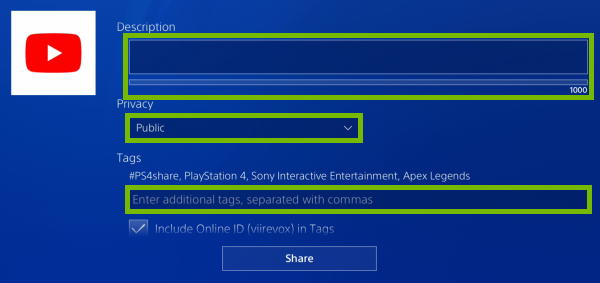 Description and Tags fields, Privacy dropdown box highlighted in video clip sharing options on PlayStation 4.