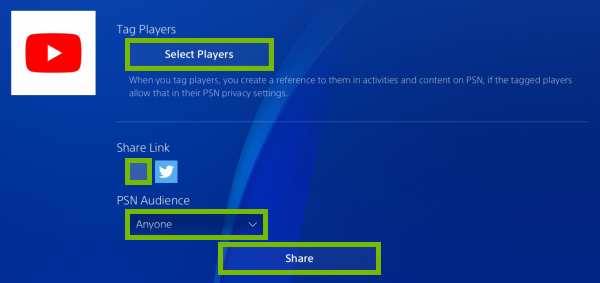 Select Players and Share buttons, Share Link checkbox and PSN Audience dropdown box highlighted in video clip sharing options on PlayStation 4.