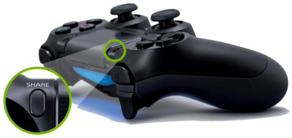 Share button highlighted on PlayStation 4 controller.