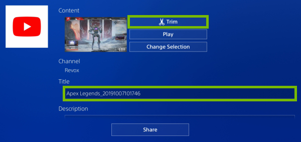 Trim button and Title field highlighted in video clip sharing options on PlayStation 4.