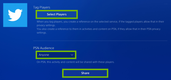 Select Players and Share buttons, and PSN Audience dropdown box highlighted in video clip sharing options on PlayStation 4.