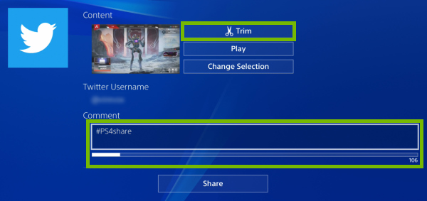 Trim button and Comment field highlighted in video clip sharing options on PlayStation 4.