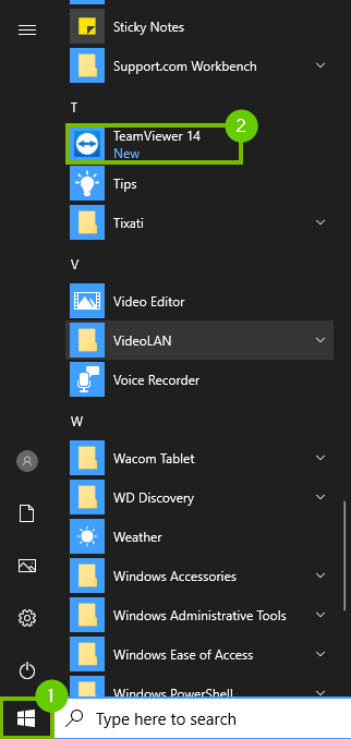 TeamViewer in the start menu