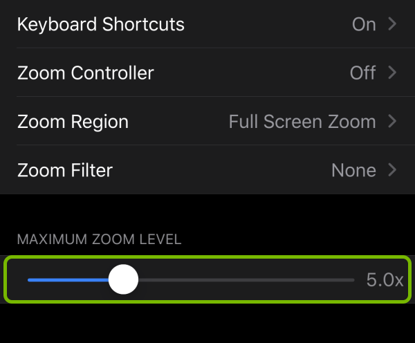 Maximum zoom level slider highlighted in zoom settings on iOS.