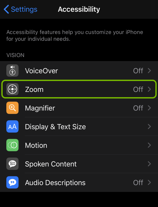 Zoom option highlighted in accessibility settings on iOS.