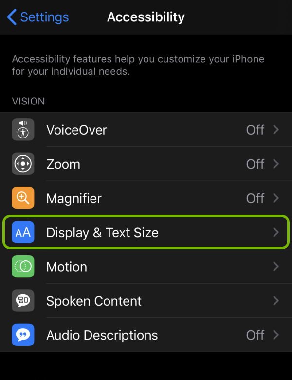 Display & Text Size option highlighted in Accessibility settings on iOS.