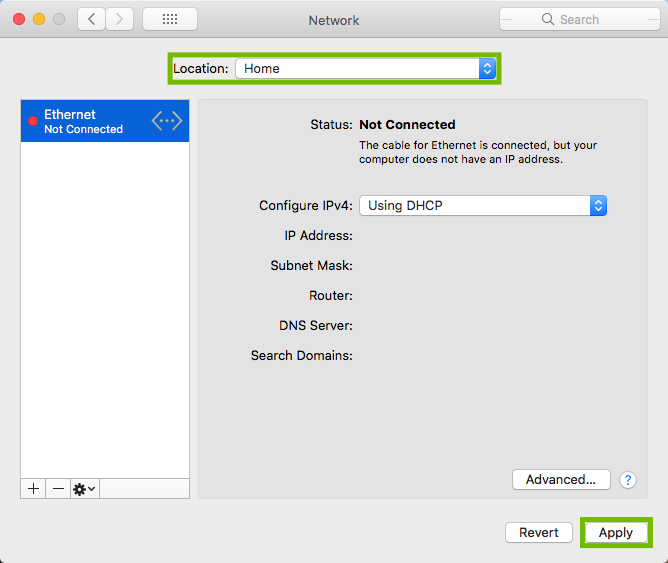 Network Preferences with Location and Apply button highlighted.