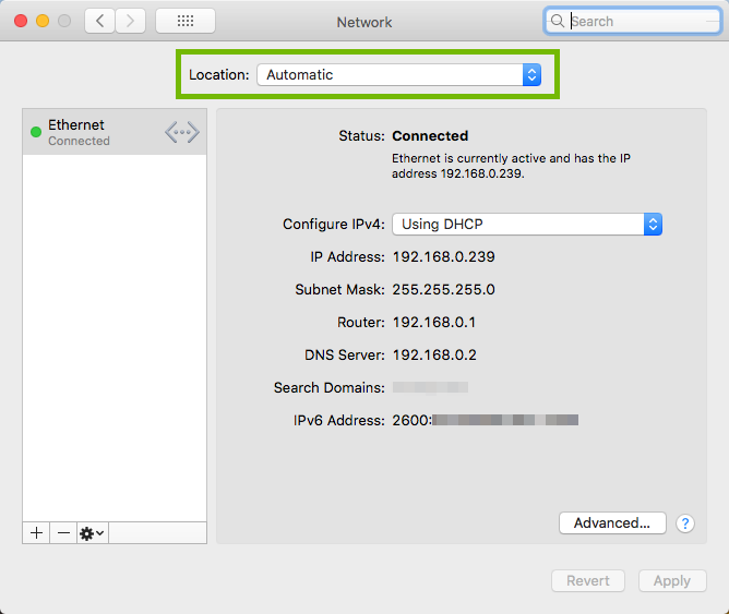 Network Preferences with Location highlighted.