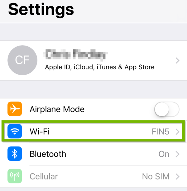 iOS Settings with Wi-Fi highlighted.