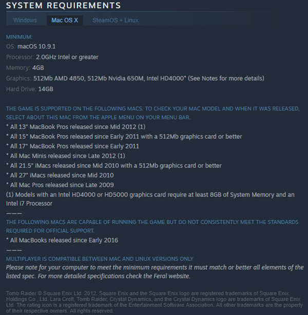 Tomb Raider Mac OS requirements