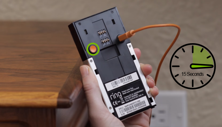 Reset button highlighted on back of Ring Video Doorbell.
