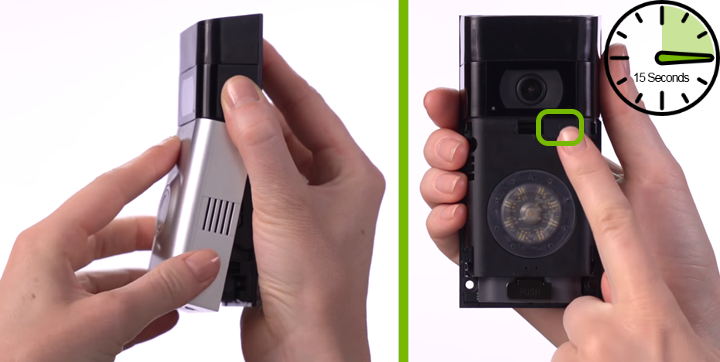 Faceplate being removed from Ring Video Doorbell 2. Reset button highlighted on front of doorbell.