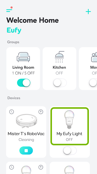 Bulb tile highlighted in EufyHome app.