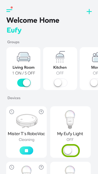 Toggle switch highlighted on individual bulb tile in EufyHome app.