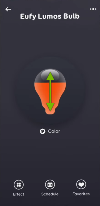 Arrow showing sliding movement on bulb in EufyHome app to brighten or dim light.