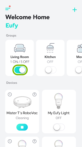Toggle switch highlighted on bulb group tile in EufyHome app.