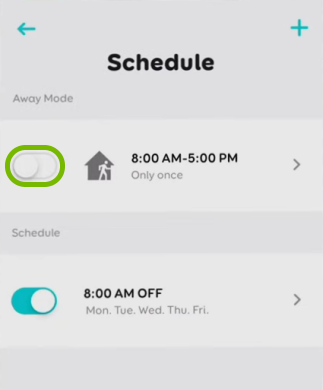 Toggle switch highlighted for Away Mode in schedule settings for selected bulb in EufyHome app.