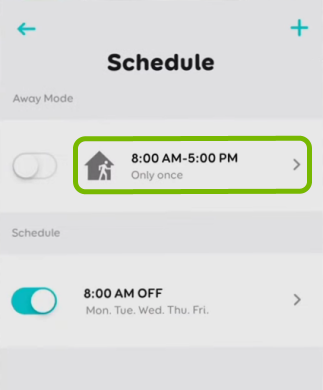 Away Mode option highlighted in schedule settings for selected bulb in EufyHome app.