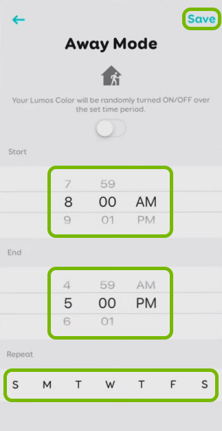 Time and day selectors and Save option highlighted in schedule settings for selected bulb in EufyHome app.