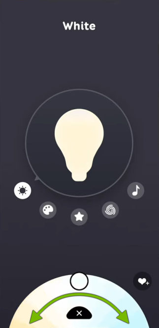 Arrow showing scroll movement on the color picker in EufyHome app for shades of white.
