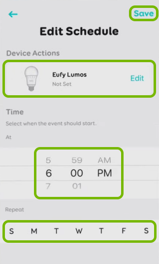 Actions selector, time and day selectors, and Save option highlighted in schedule settings for selected bulb in EufyHome app.