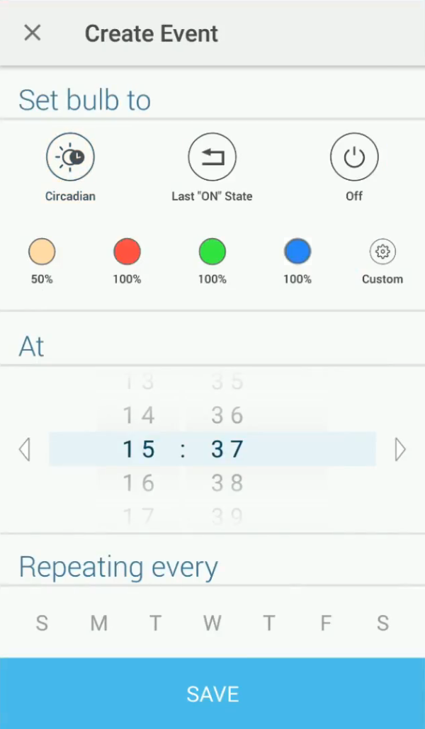 Event scheduling customization screen in Kasa app.