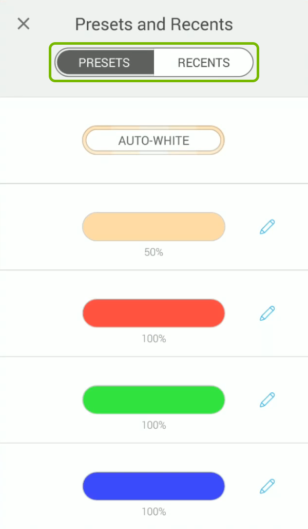 Tabs highlighted on the color presets screen in Kasa app.