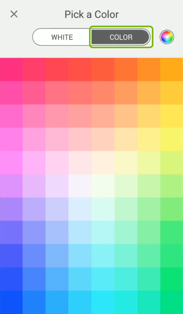 Color tab highlighted in bulb color picker of Kasa app.